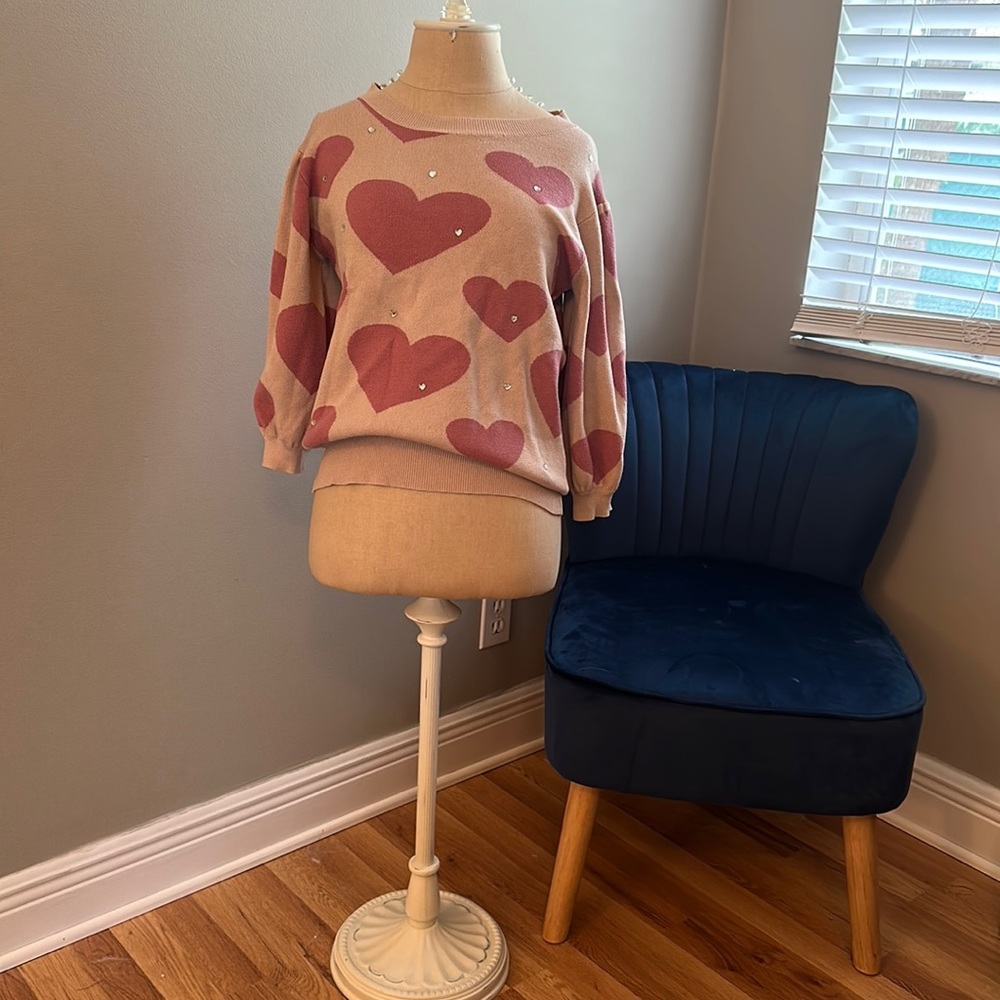 Ontwelfth Cream Pink Love Hearts Rhinestones Hearts Balloon Sleeves Sweater L